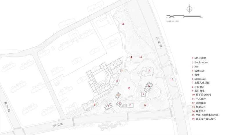 Site plan drawing showing multiple pavilions arranged around a landscape with contour lines