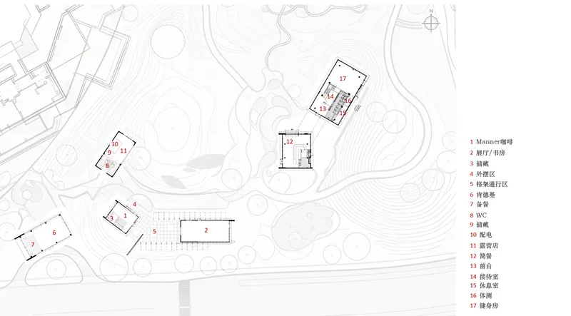 Site plan drawing depicting scattered building footprints within topographic contours and vegetation