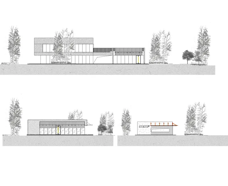 Elevation drawings showing three low-rise volumes with varied facades framed by trees