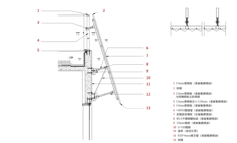 Section detail drawing showing the connection between sloped roof plane and vertical wall assembly