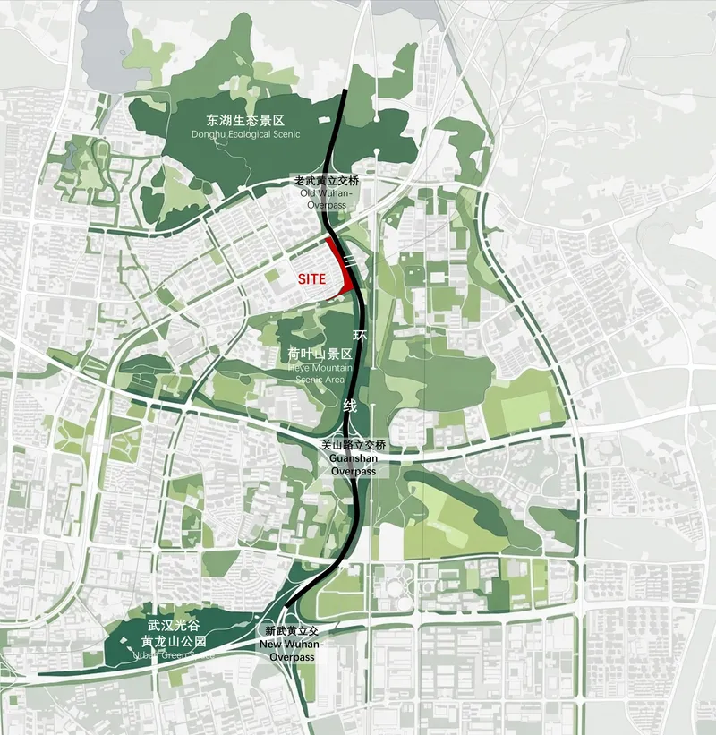 Site plan drawing showing the project location amid green ecological zones and urban infrastructure corridors