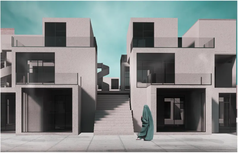 Layered housing volumes create terraces, privacy, and vertical connections.