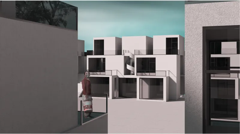 Stepped homes and terraces form a compact, community-focused residential environment.