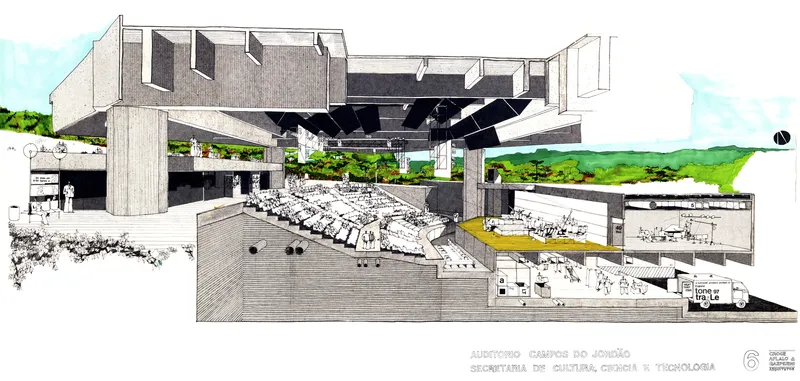 Sectional perspective drawing showing a multi-level building with terraced seating and surrounding landscape