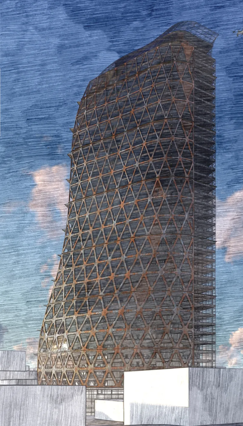 CityScraper rises as a permeable green architecture tower with a recycled corten steel exoskeleton.