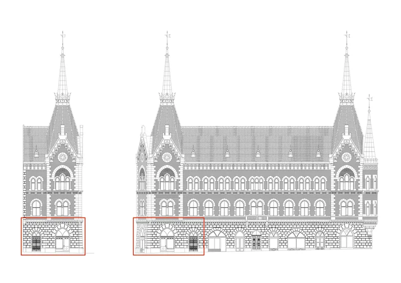Elevation drawing of a facade with twin towers, arched windows, and detailed ground floor bays highlighted