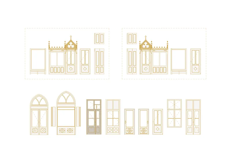 Elevation drawings showing decorative door and window types with arched and geometric panel configurations