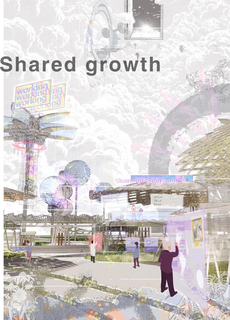 Shared Growth imagines a futuristic biophilic workspace where digital interaction, community life, and nature merge within one landscape.