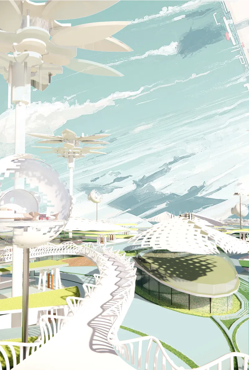 Elevated walkways connect spherical living units and leaf-inspired pavilions across a layered ecological landscape.