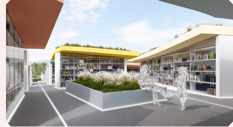 Open book-lined pathways create an accessible reading environment around planted courtyards.