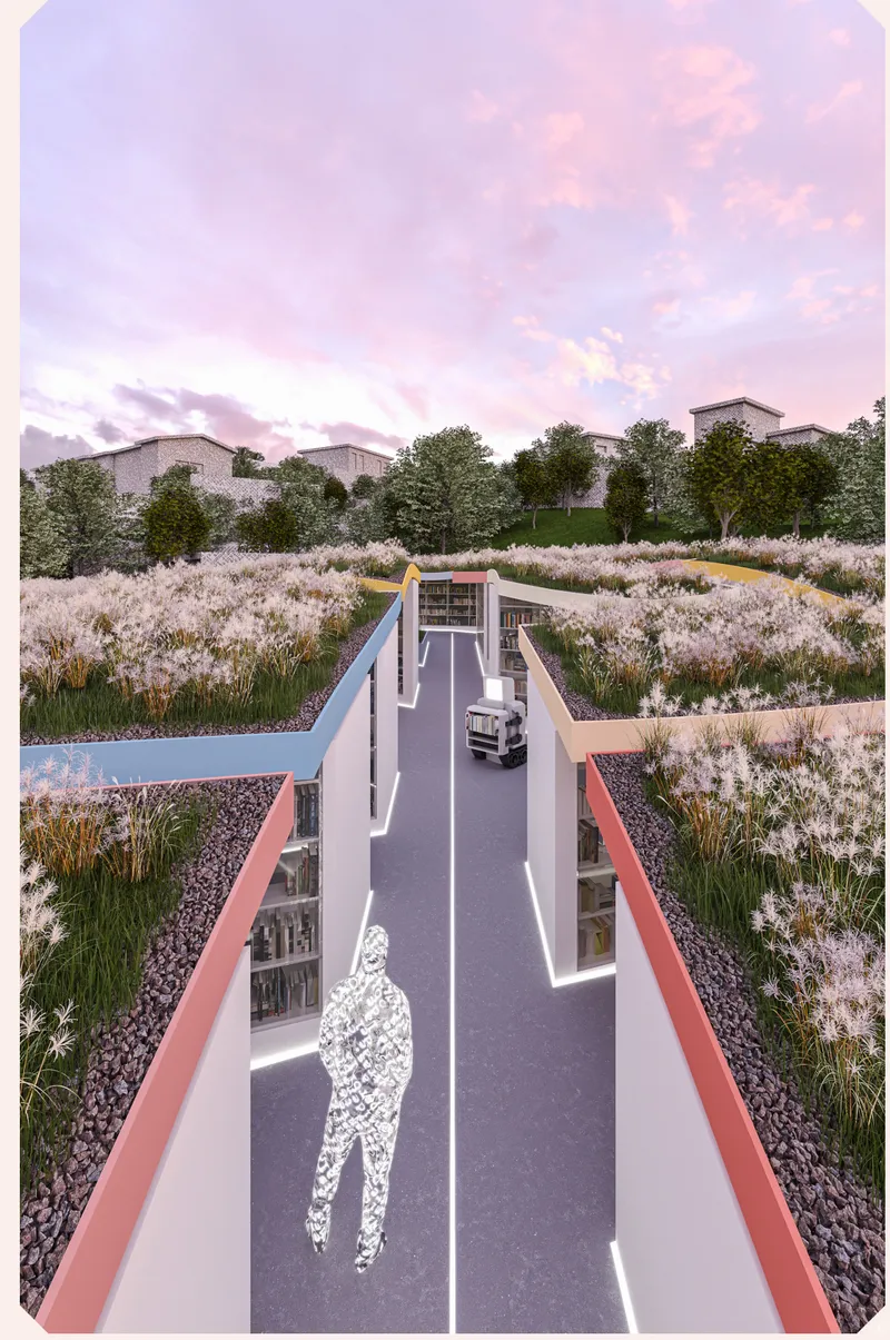A sunken library corridor framed by illuminated bookshelves and evolving vegetated roofs.
