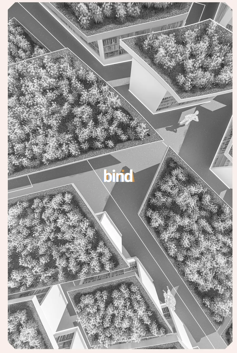 Aerial view of BIND’s fragmented library volumes and planted roofs woven into the site.