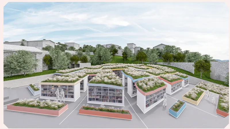 BIND integrates low-rise library pavilions with green roofs and the surrounding landscape.