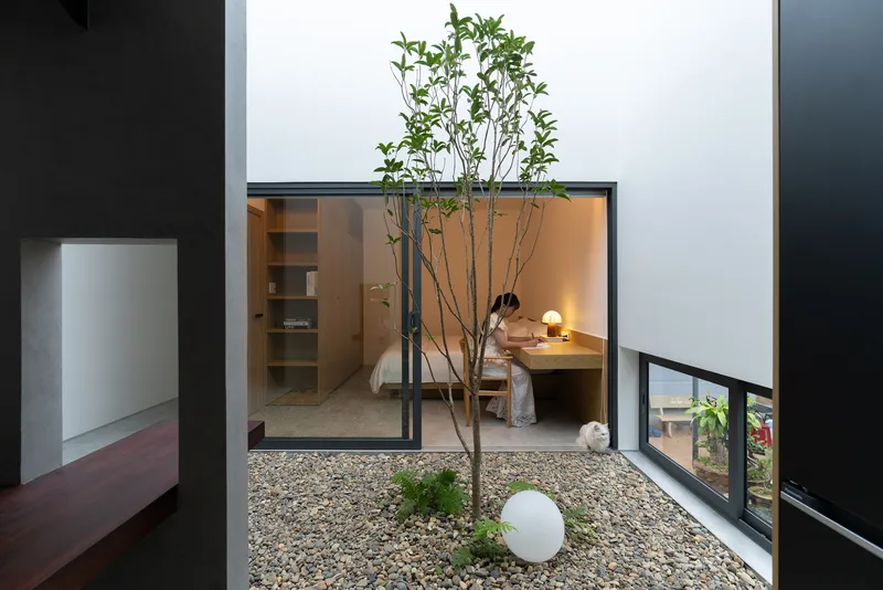 Interior gravel courtyard with tree framed by concrete walls and black metal window frames