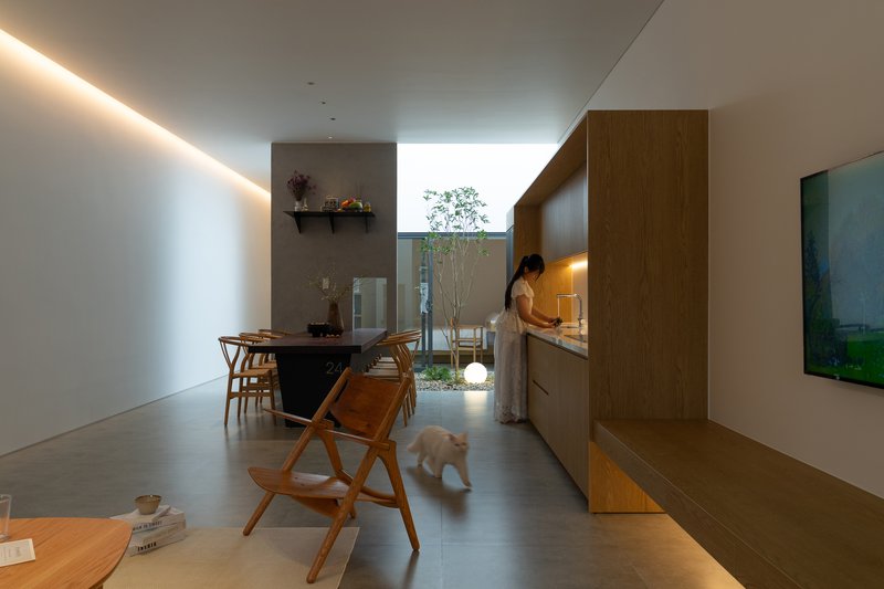 Open plan living space with timber kitchen and person working under cove lighting at dusk