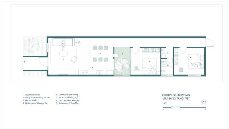 Ground floor plan showing a narrow linear layout with spiral stair and courtyard