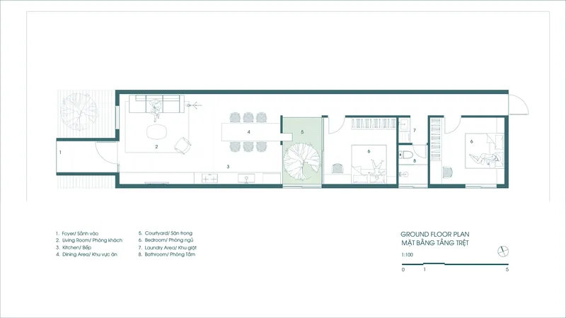 Ground floor plan showing a narrow linear layout with spiral stair and courtyard