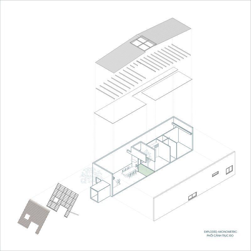 Exploded axonometric drawing separating roof layers, structural frame, walls and textured facade elements