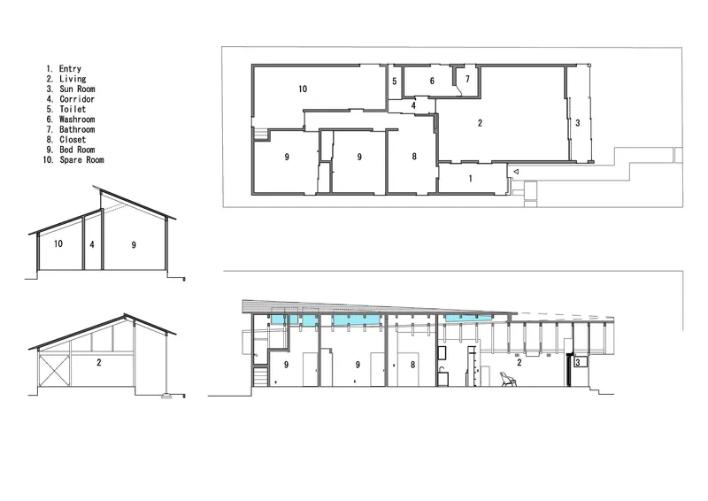 Plan and section drawings showing residential layout with pitched roof and numbered rooms