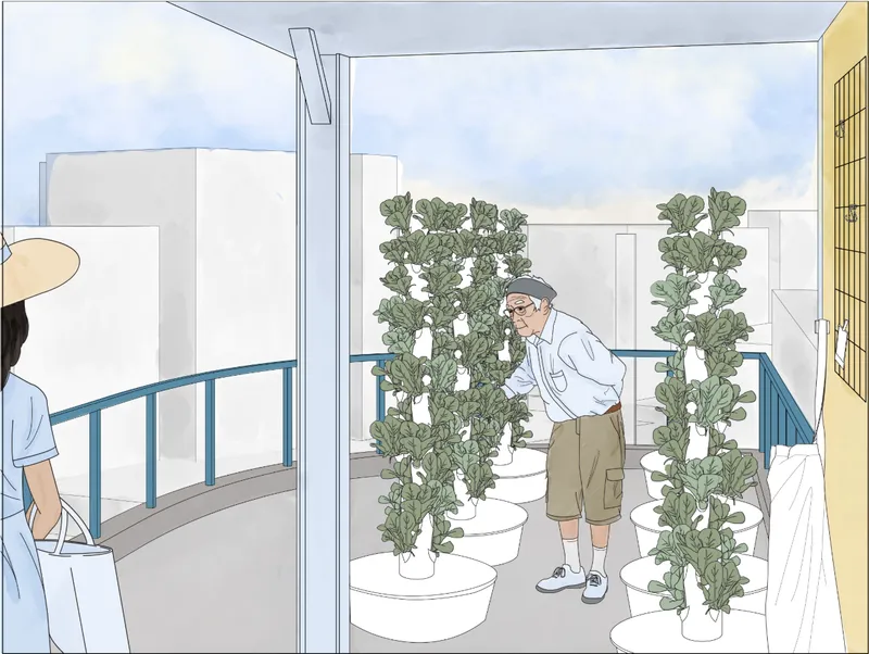 Hydroponic towers transform the rooftop into a productive garden maintained by local volunteers.