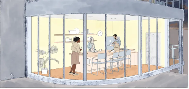 A transparent communal kitchen creates a welcoming space for cooking, dining, and neighborhood interaction.