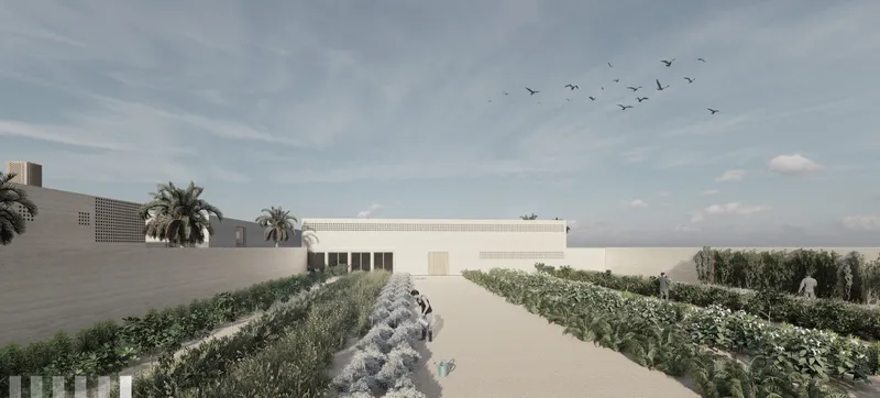 Productive farmland supports food security and self-sufficiency within the sustainable village.