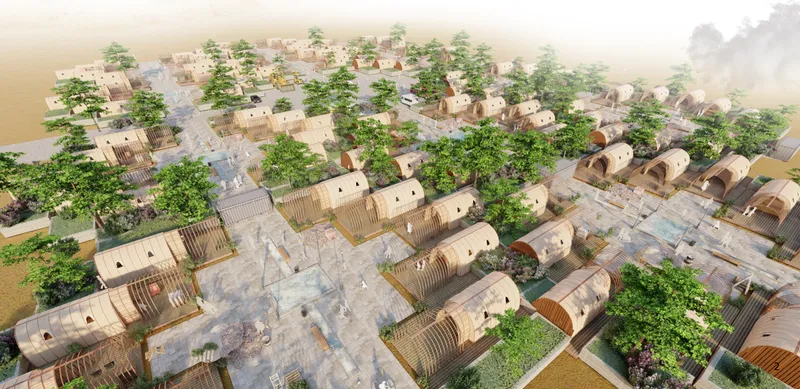 Aerial view of Revival Park showing modular earthquake shelters arranged within a garden-based recovery settlement.