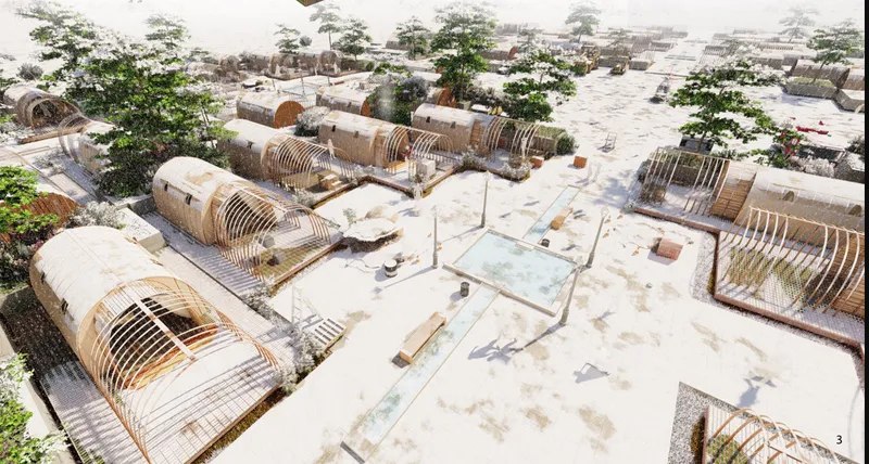 Post-disaster shelter clusters organized around shared courtyards, water elements, shaded paths, and community spaces.