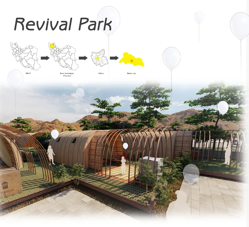 Revival Park’s arched wooden shelters combine local materials with a flexible layout for temporary housing.