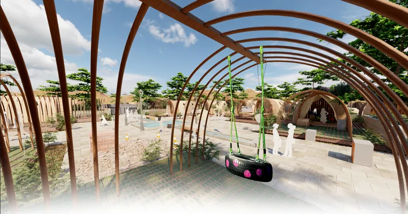 Interior public space framed by timber arches, creating a shaded play and gathering area for residents.