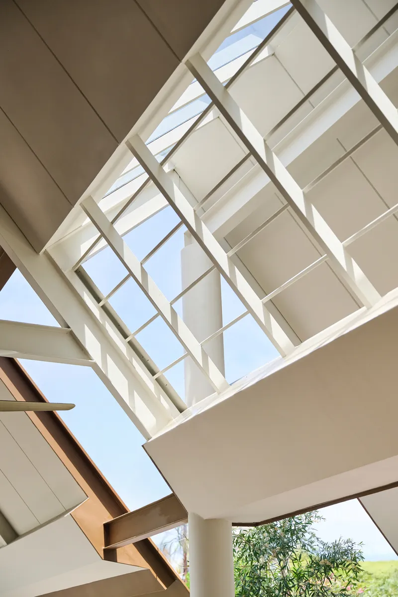 Upward view through timber-framed skylight with geometric glazing and potted plants on upper level