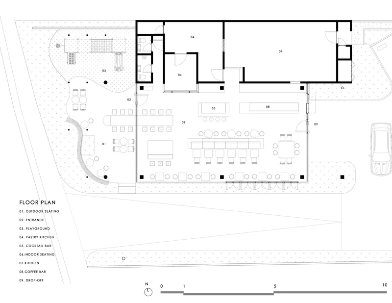 Floor plan drawing showing restaurant seating areas, kitchen zones, and outdoor courtyard with curved path