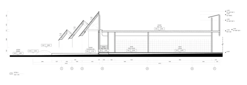 Section drawing depicting angled clerestory openings and linear roof forms above service and dining areas