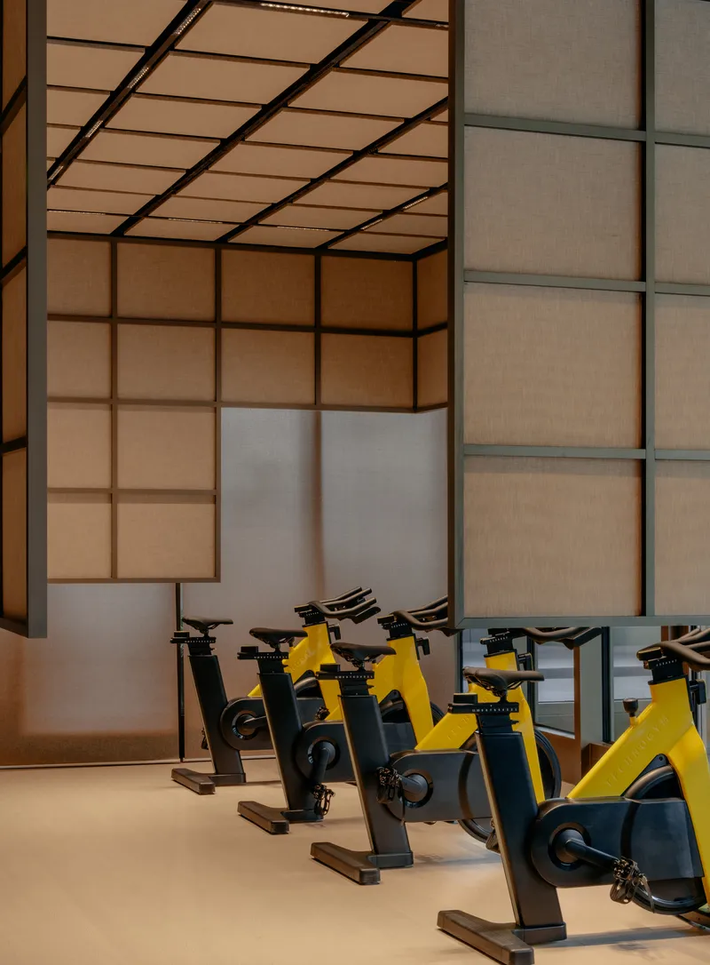 Row of yellow and black stationary bikes against gridded translucent wall system in fitness area