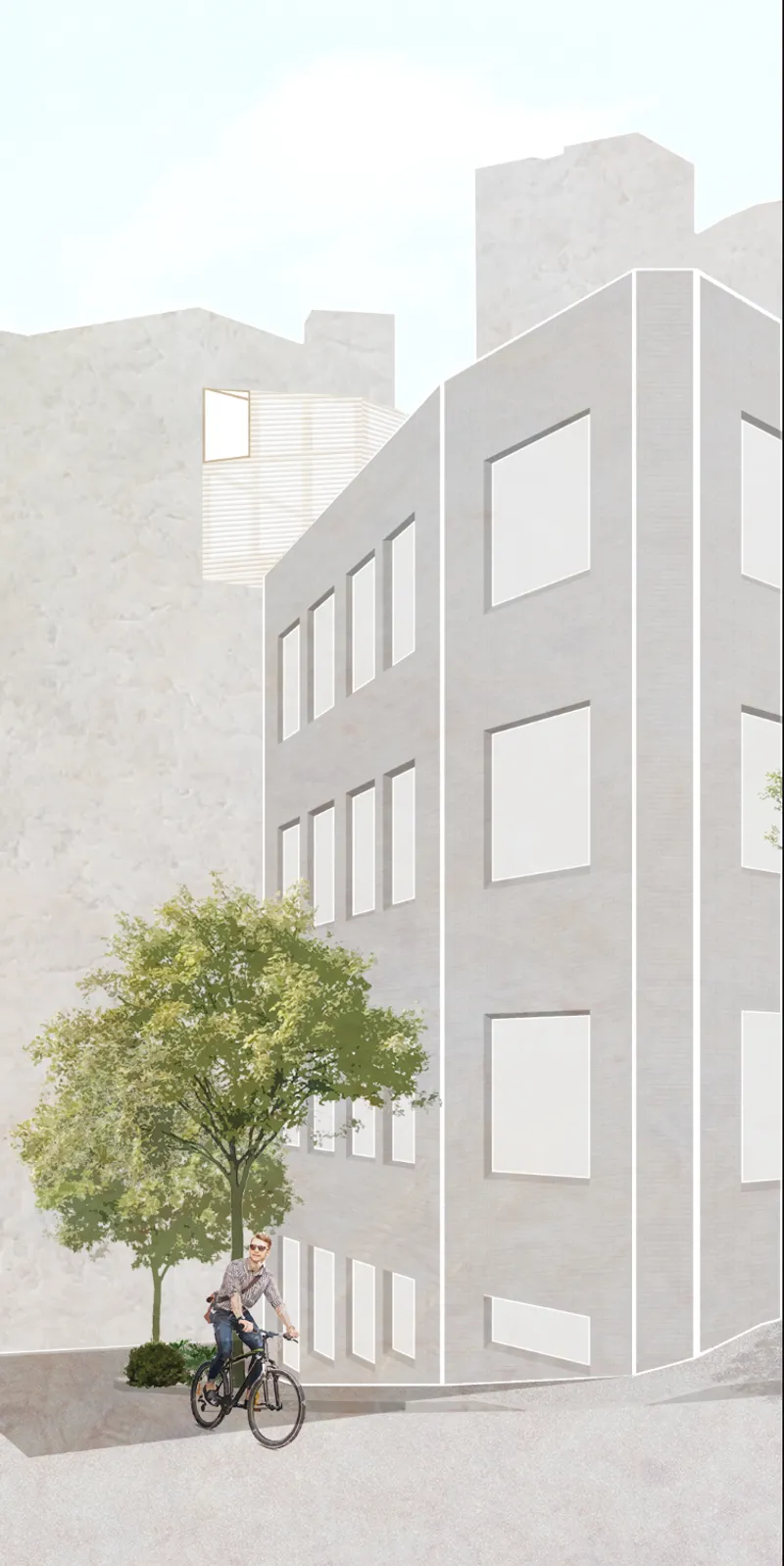 Street perspective showcasing the parasitic rooftop gallery integrated into the existing Sydney warehouse.