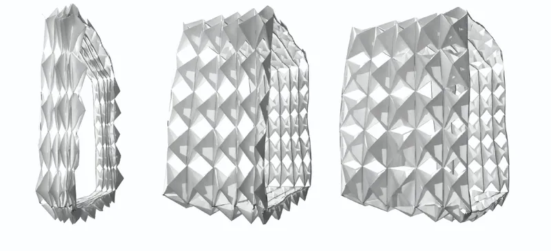 Origami-inspired folding studies demonstrate how lightweight modular surfaces can expand, contract, and transform spatially.