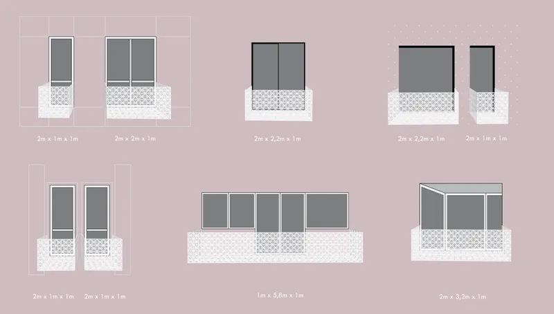 Multiple facade configurations show Balco adapting to different window sizes, proportions, and balcony dimensions.