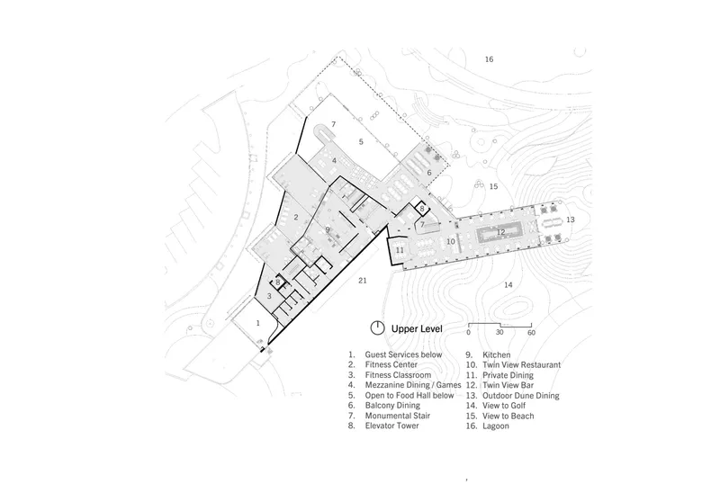 Upper level floor plan drawing showing the angular building footprint with topographic contours and key