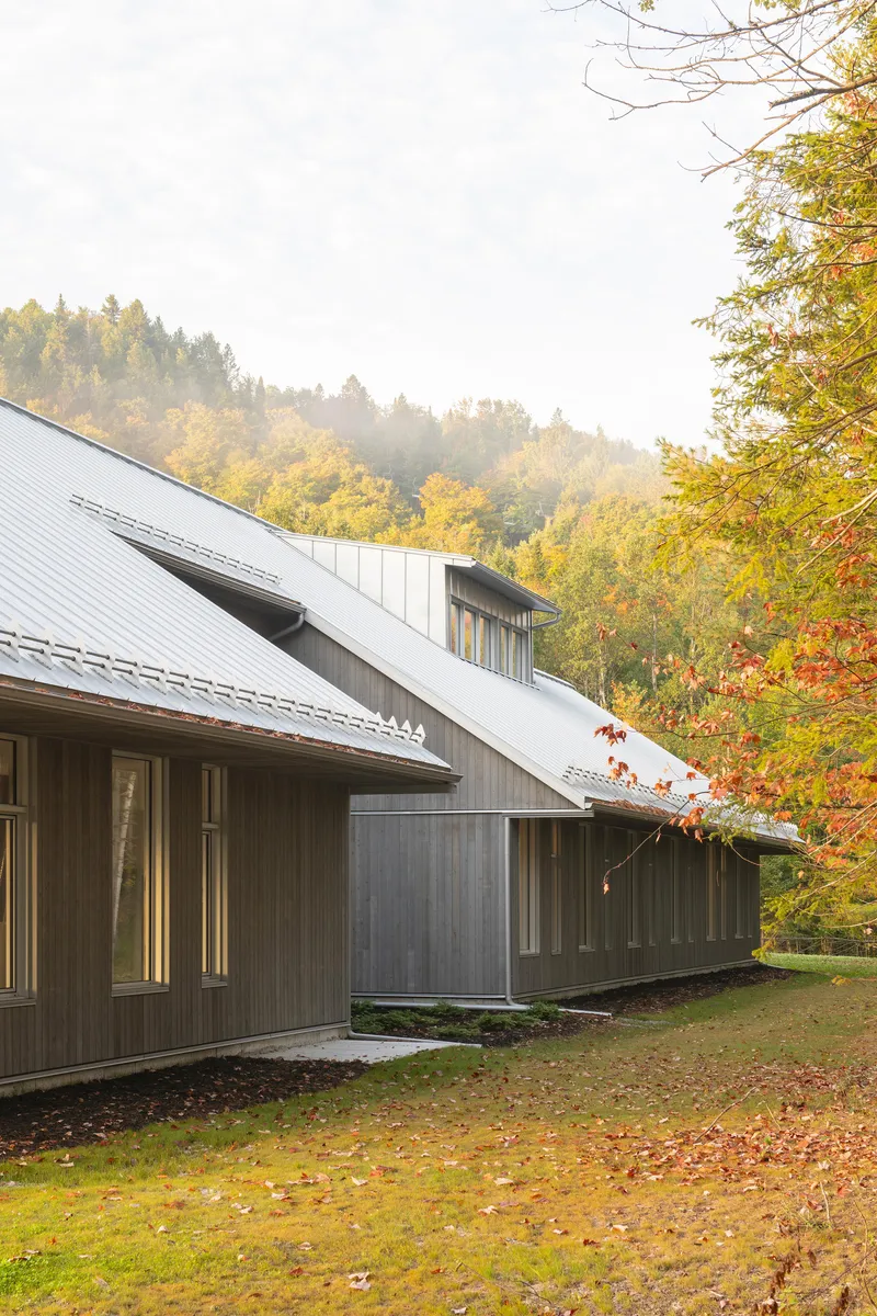 Low-angled metal roof with dormers and vertical timber cladding under misty autumn foliage
