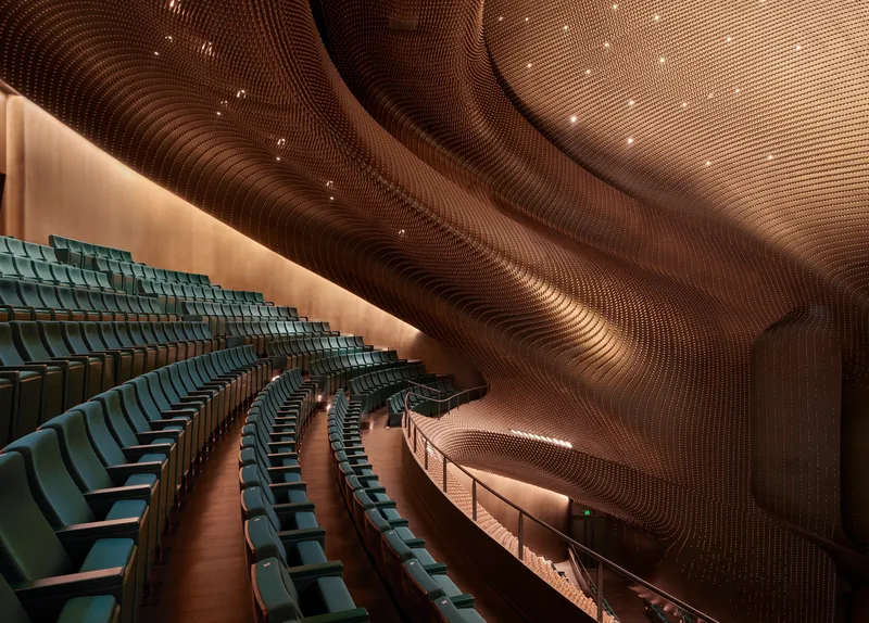 Raked seating and balcony beneath a flowing timber ceiling with integrated recessed spotlights