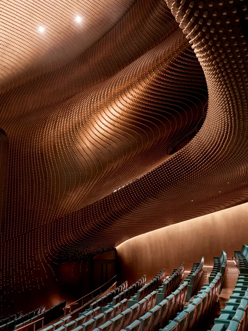Upward view of the ribbed timber auditorium ceiling showing its wavelike folds and warm illumination