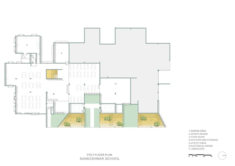 Stilt floor plan drawing showing classroom layout with courtyard zones highlighted in yellow and green