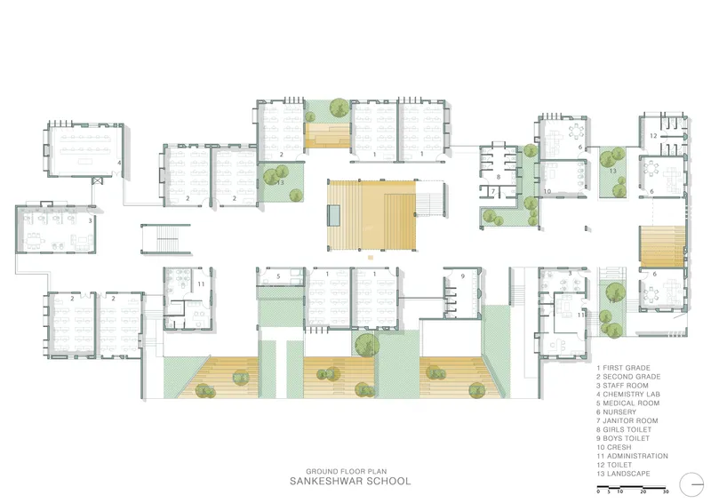 Ground floor plan drawing depicting scattered classroom blocks around landscaped courtyards with trees