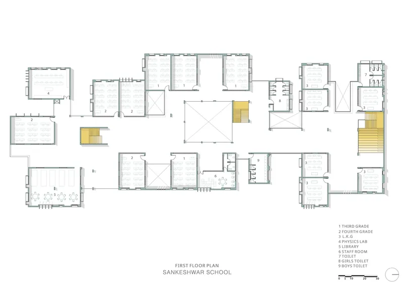 First floor plan drawing showing distributed classroom volumes with staircases highlighted in yellow