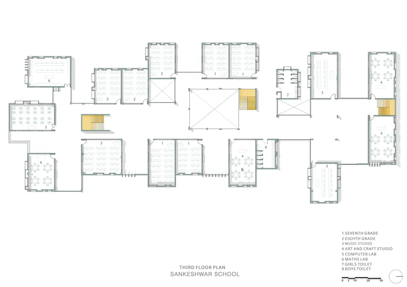 Third floor plan drawing showing upper-level classroom layout with circulation cores marked in yellow