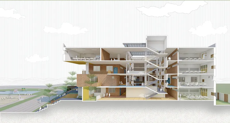 Section drawing revealing multilevel interior spaces with open courtyards and scattered figures throughout