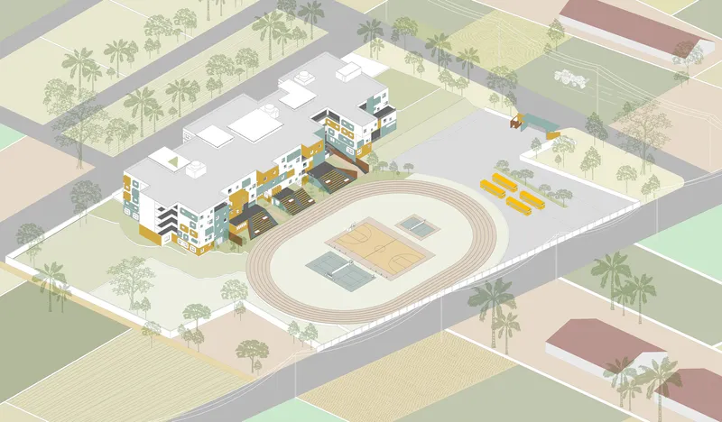 Axonometric site drawing depicting housing blocks around a central sports field with palm trees lining the streets