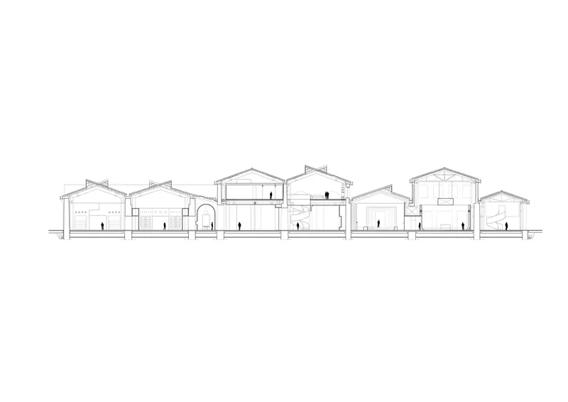 Section drawing depicting a series of gabled volumes at varying heights with figures inside
