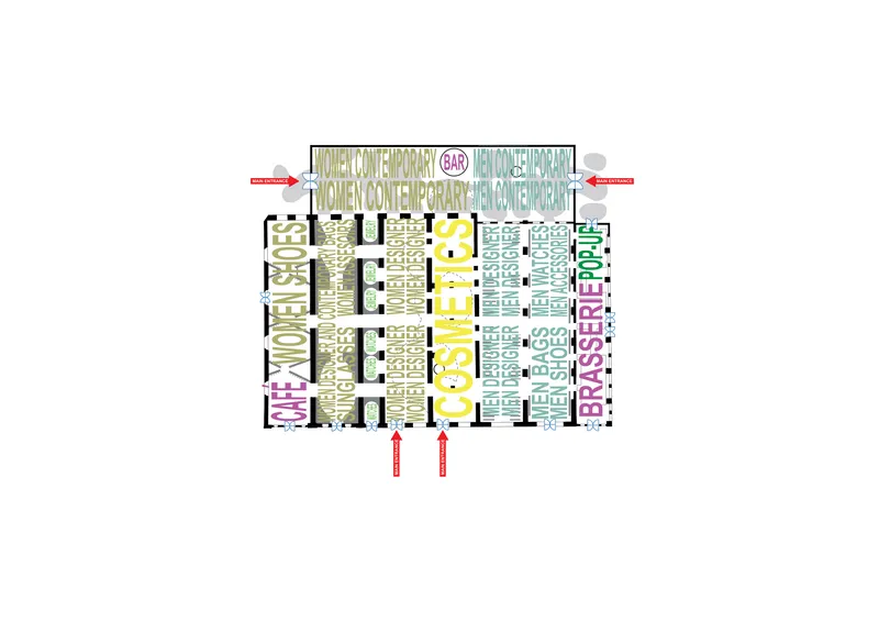 Floor plan drawing with colored zones and text overlays indicating different programmatic areas