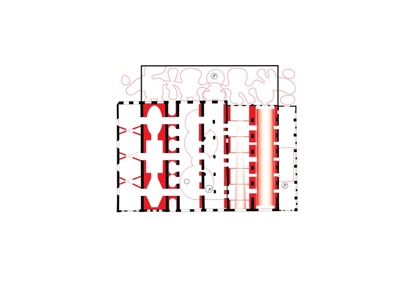 Floor plan drawing highlighting structural walls in red against a black and white base